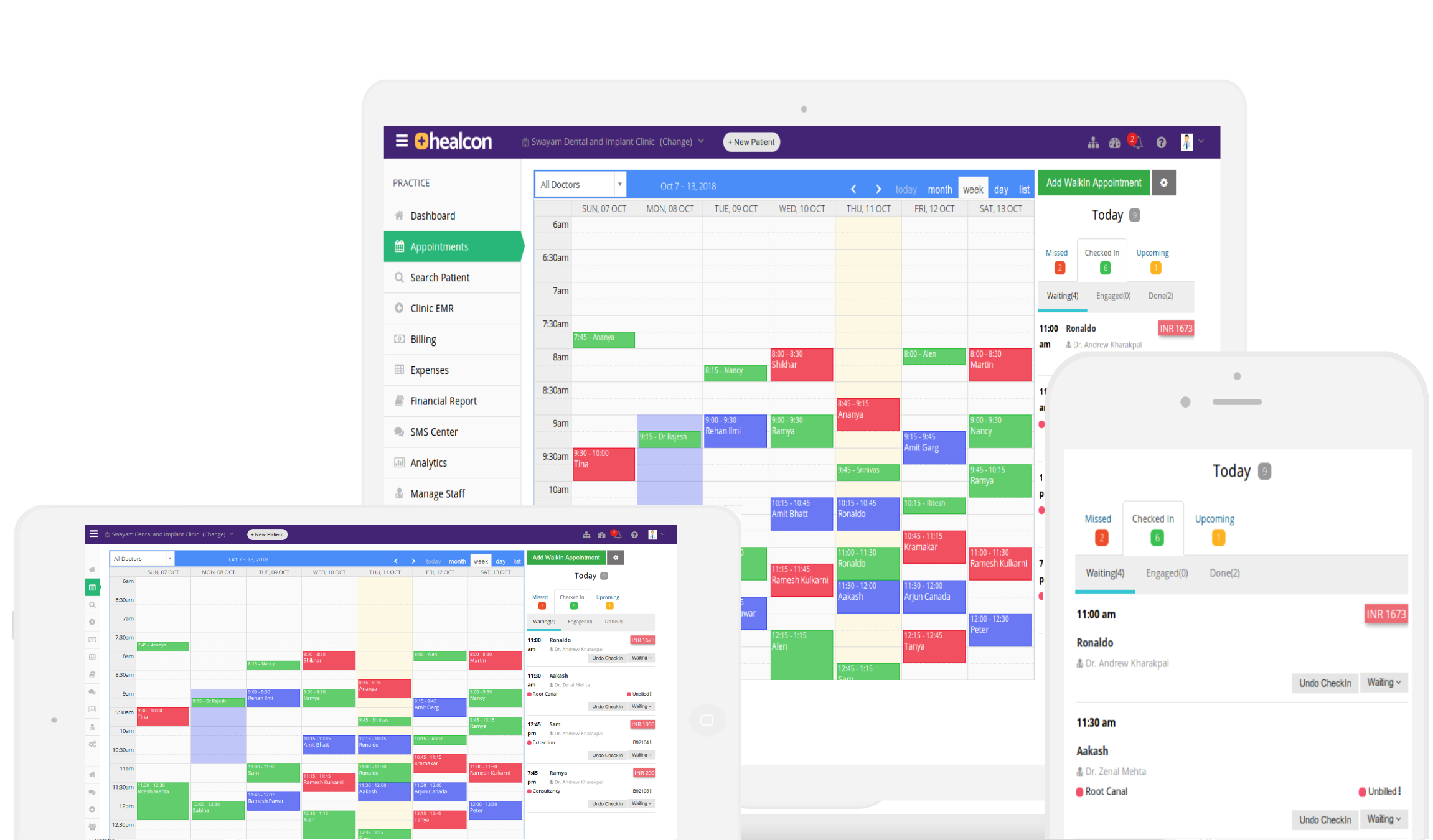 Healcon appointment scheduling software showing the doctor calendar with day, week and month views