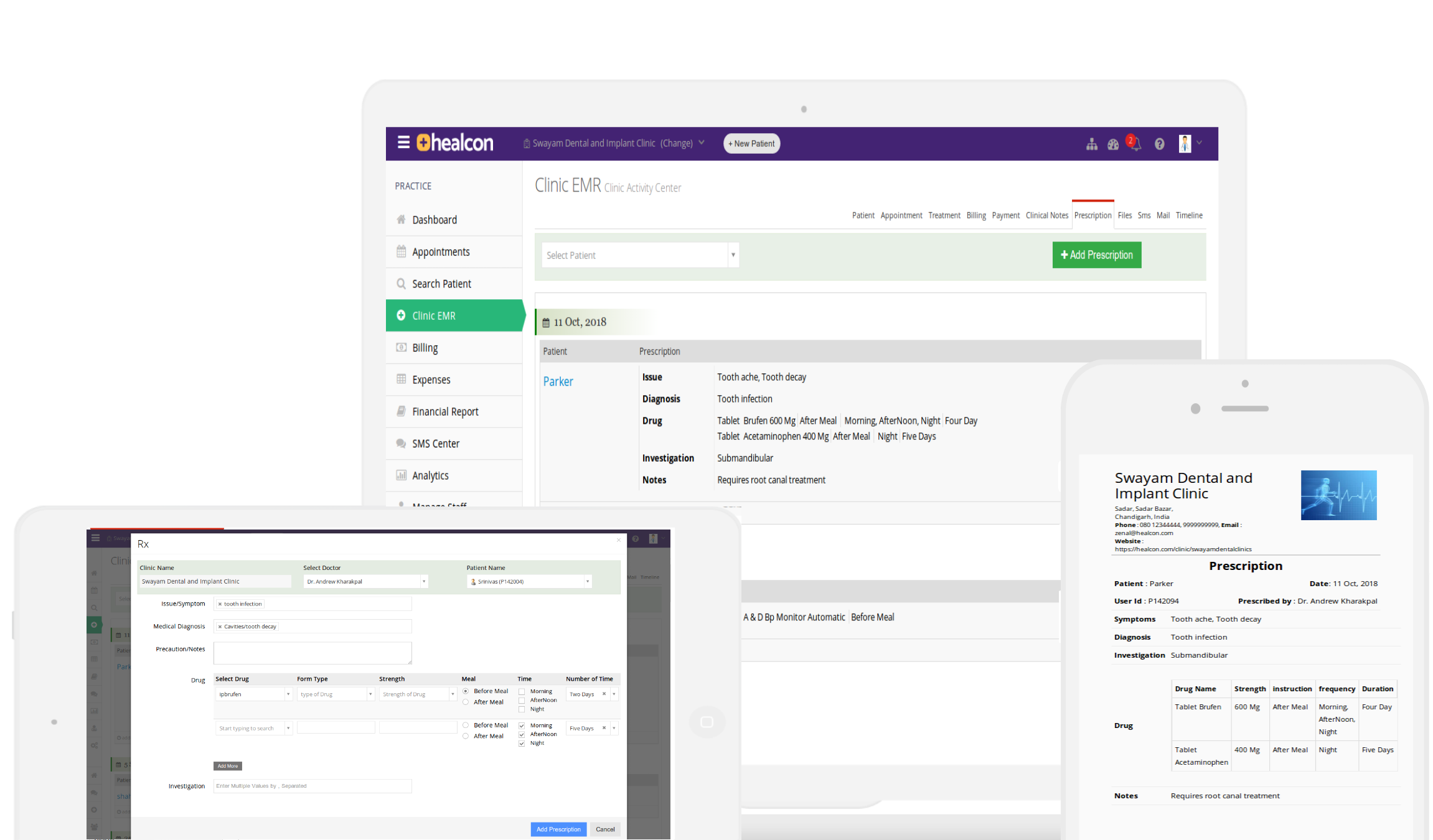 Healcon e-prescribing software interface showing drug suggestions, dosage auto-fill, and prescription template selection